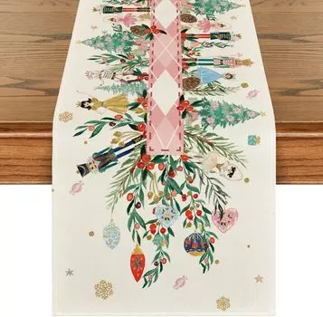 Christmas Nutcracker Floral Holly Linen Table Runner Dresser Scarf Winter Xmas Party Dining Table Decor Navidad Decorations 2025 150x33cm 59x13inch красный