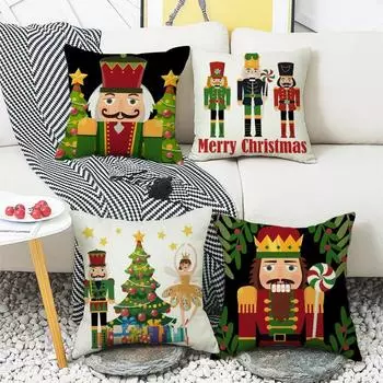 Christmas Nutcracker Pillow Linen Print Reversible Living Room Sofa Bedroom Cushion Cushion Cover Does Not Include Pillow Core 45*45cm