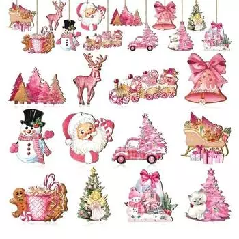 Christmas Ornaments Wooden Christmas Tree Hanging Decoration Vintage Pink Santa Snowman Ornament for Holiday Home A