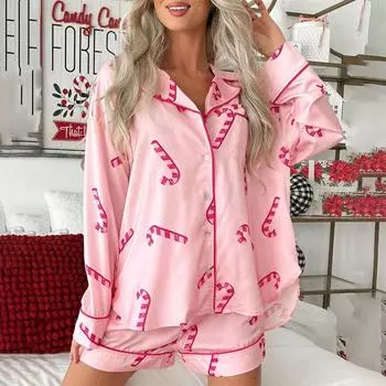 Christmas Pajamas Set Women Candy Cane Print Single Breasted Long Sleeve Shirt Top with Shorts Sleepwear Loungewear S