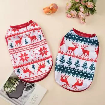 Christmas Pet Dog Clothes Small Dogs Vest Shirt Cat Costume New Year Dress Up Apparel Puppy Pullover Snowman Elk Print Yorkshire XS