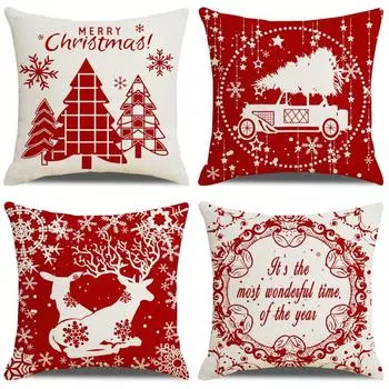 Christmas pillow case linen print red festive home cushion living room cushion does not include pillow core 45*45cm