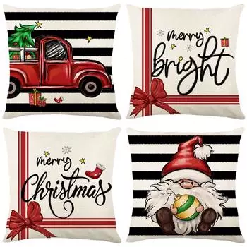 Christmas Pillow Cover Black and White Striped Letters Printed Linen Home Living Room Sofa Pillow Cover 45*45cmJYM194-1