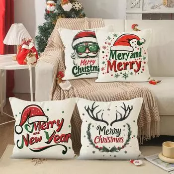 Christmas Pillow Cover Linen Claus Print Living Room Sofa Cushion Cover One Size
