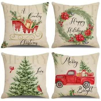 Christmas pillow cover watercolor garland Christmas tree print cushion cover car sofa linen pillow without pillow core 45*45cm