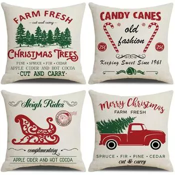 Christmas pillow sleigh Christmas tree cane car print cushion linen holiday decoration cushion does not include pillow core 45*45cm
