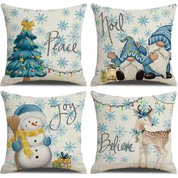 Christmas Pillowcase 20in x 20in 4-piece Set Family Farmhouse Decoration (Tree Snowman Dwarf Deer) Blue 12inx12in синий