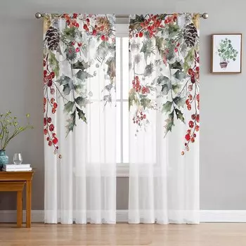 Christmas Pine Berry Eucalyptus Leaf Snowman Curtains For Living Room Bedroom Home Decoration Window Voile Tulle Curtain Drapes W135 x H114cm