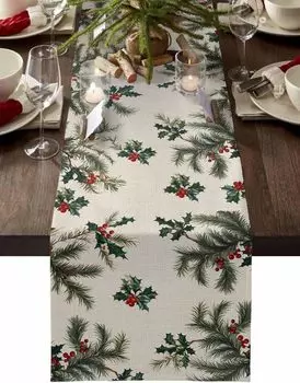 Christmas Pine Needle Berry Linen Table Runner for Dining Table Decor Winter Xmas Botanical Table Runners Christmas Decorations 150x33cm 59x13inch бежевый