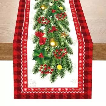 Christmas Pine Needle Red Berry Linen Table Runner Party Decor Winter Xmas Buffalo Plaid Table Runners Christmas Home Decoration 150x33cm 59x13inch