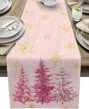 Christmas Pine Tree Gold Snowflake Linen Table Runner Party Decor Winter Xmas Kitchen Dining Table Runners Christmas Decorations 150x33cm 59x13inch