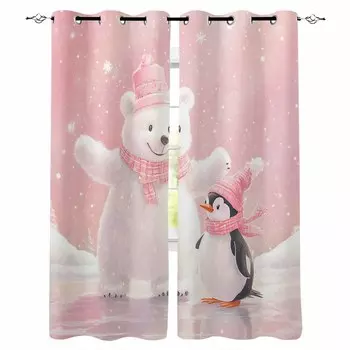 Christmas Pink Bears And Penguins Blackout Curtains For Living Room Bedroom Window Treatment Blinds Drapes Kitchen Curtains W135 x H60cm