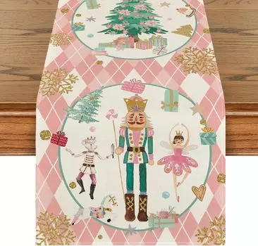 Christmas Pink Diamond Plaid Nutcracker Snowflake Linen Table Runner Party Decor Winter Xmas Tree Table Runner Navidad Decor2025 150x33cm 59x13inch