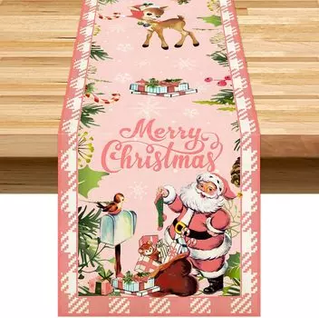 Christmas Pink Santa Claus Linen Table Runner Winter Xmas Wedding Party Decor Holiday Kitchen Table Decor Christmas Decorations 150x33cm 59x13inch