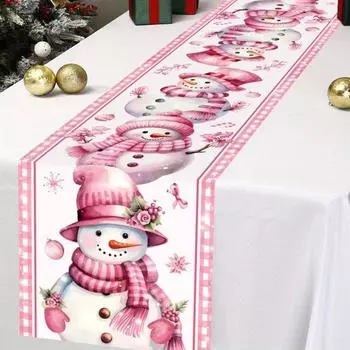 Christmas Pink Snowman Linen Table Runner Dining Table Decor Winter Xmas Table Runners Wedding Party Decor Christmas Decorations 150x33cm 59x13inch