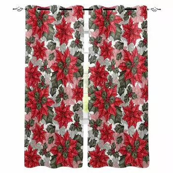 Christmas Plants And Flowers Blackout Curtains For Living Room Bedroom Window Treatment Blinds Drapes Kitchen Curtains W135 x H60cm