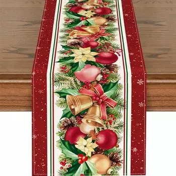 Christmas Poinsettia Flower Bell Linen Table Runner Winter Xmas Table Runner Holiday Party Table Decor Navidad Decoration 2025 150x33cm 59x13inch