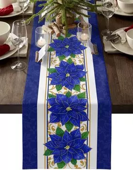 Christmas Poinsettia Flower Linen Table Runner Dresser Scarf Dresser Scarf Winter Xmas Party Table Decor Navidad Decoration 2025 150x33cm 59x13inch