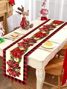 Christmas Poinsettia Flowers Bow Plaid Linen Table Runner Wedding Party Decor Winter Xmas Table Runners Reusable for Table Decor 150x33cm 59x13inch