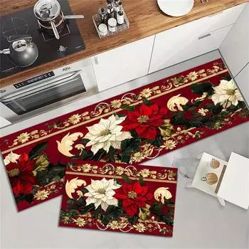 Christmas Poinsettia Printed Kitchen Floormat Living Room Balcony Hallway Entrance Rug Bathroom Toilet Non-slip Mats Home Decor 40x60cm 16x24inch