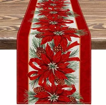 Christmas Poinsettia Red Linen Table Runner Seasonal Winter Xmas Party Decor Holiday Wedding Table Decor Navidad Decoration 2025 150x33cm 59x13inch