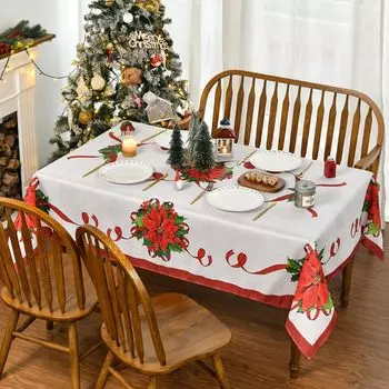 Christmas Poinsettia Red Silk Ribbon Rectangle Tablecloths Winter Xmas Wedding Party Table Covers Decor Navidad Decorations 2025 50x50cm napkin