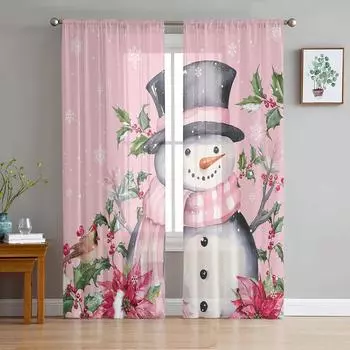 Christmas Poinsettia Snowflake Snowman Pink Sheer Curtains Living Room Decoration Window Curtains Kitchen Tulle Voile Curtains W135 x H115cm x1
