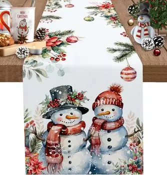 Christmas Poinsettia Snowman Ball Linen Table Runner Table Decor Winter Xmas Snowflake Table Runners Holiday Kitchen Party Decor 150x33cm 59x13inch