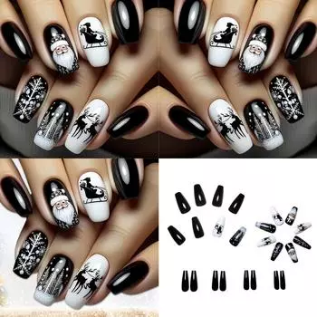Рождественские накладные ногти-гроб, зимние накладные ногти с дизайном елки и оленя, полное покрытие, рождественские самоклеящиеся ногти 24 шт.