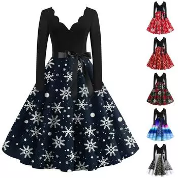 Рождественский принт расклешенное платье для женщин платье с длинным рукавом повседневные платья L красный