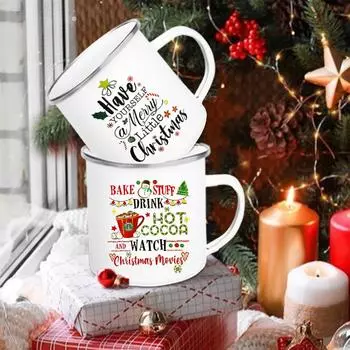 Christmas Printed Coffee Mugs With Handle Breakfast Milk Cups Enamel Drinking Cup Party Home Decorations Gifts for Friend Family