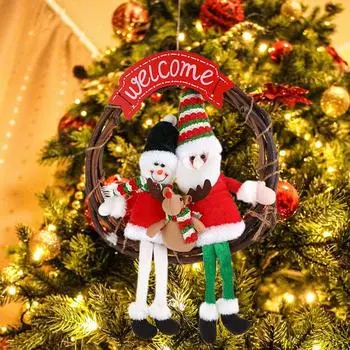Christmas Rattan Wreath Artificial Christmas Wreath Decorations Front Door Wall Hangable Wreath Santa Claus Snowman Doll Wreath