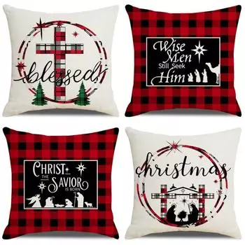 Christmas red gift linen print car sofa dual-use pillow case does not include pillow core 45*45cm