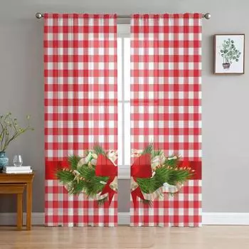 Рождественские красные клетчатые банты из пряжи занавески для окон тюль занавески для гостиной кухни прозрачные оконные шторы вуаль W135 x H115cm x1&Rod Pocket