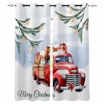 Рождественский Красный Грузовик Растения Снег Подарочные Звезды Затемняющие Шторы Для Гостиной Спальни Оконные Шторы Жалюзи Шторы W135 x H60cm