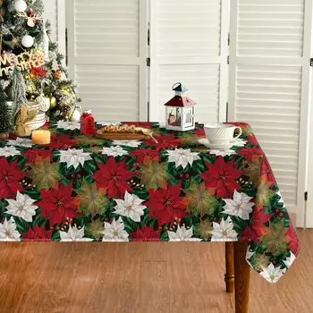 Christmas Red White Poinsettia Waterproof Tablecloth Winter Xmas Party Decor Reusable Wedding Table Decor Navidad Decoration2025 50x50cm napkin