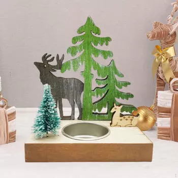 Christmas Reindeer and Trees Candle Holder Candlestick Rustic 10.3x6.8x12cm Wooden Structure