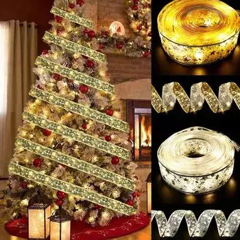 Christmas Ribbon LED Light Fairy Light Battery Powered Christmas Tree Ornaments for Christmas Home Holiday Decoration