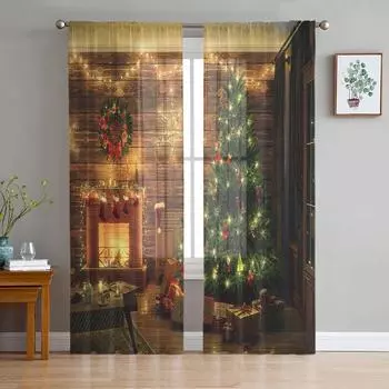 Christmas Room Christmas Tree Fireplace Tulle Sheer Window Curtains for Living Room Bedroom Modern Voile Organza Curtains Drapes W135 x H115cm x1&Rod Pocket