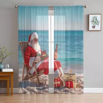 Christmas Santa Beach Curtains For Living Room Bedroom Home Decoration Window Voile Tulle Curtain Drapes W135 x H114cm