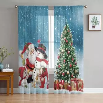 Christmas Santa Claus Christmas Tree Sheer Curtains for Living Room Decoration Window Curtains Kitchen Tulle Voile Curtains W135 x H115cm x1