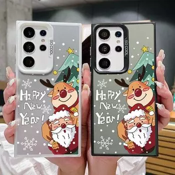 Christmas Santa Claus Elk Pattern Square Phone Case for Samsung S24 S22 Ultra S23 S21 S20 Fe A54 A53 A52 Shockproof Slim Anti-Fall Laser Imd Cover Samsung S24 серый