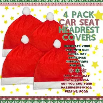 Christmas Santa Hat Car Headrest Cover 4pcs Cloth Soft Car Seat Protector for Home New Year Xmas Party Decoration