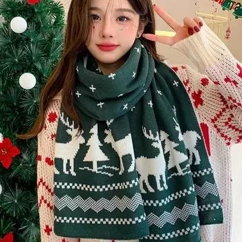 Christmas Scarf High-end Border Knitted Wool Niche Design Wild Cute Deer Elk Knitted Scarf Winter Warm Wool Shawl Girl Christmas Gift One size
