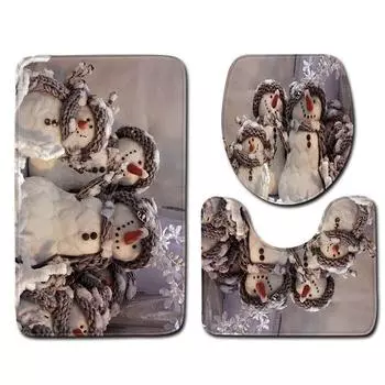 Christmas Shower 4pcs Curtain Toilet Cushion Set Cover Mat Pad Rug Xmas Bathroom Snowman-3pcs-45x75cm