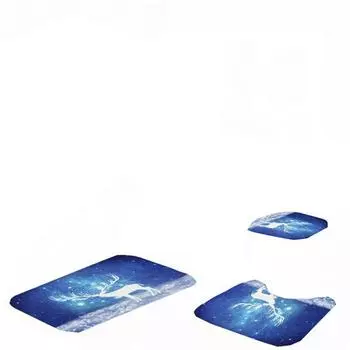 Christmas Shower Curtain Toilet Seat Cover Mat Pads Rug Set Decoration Bathroom Blue White 3pcs,One Size