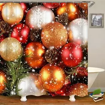 Christmas Shower Curtain With Hook Xmas Bathroom Decoration Santa Snowman Claus Ball,150*180cm