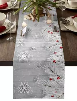 Christmas Silver Fir Leaves Snowflakes Wood Grain Linen Table Runners Kitchen Decoration Table Runner Festival Party Supplies 33x91cm