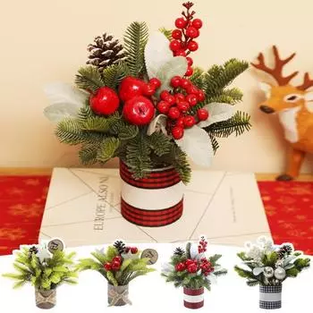 Рождественское имитация горшечного растения Искусственная мини-настольная новогодняя елка Поддельный цветочный горшок с ягодной сосной красный/белый
