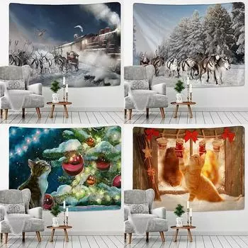 Christmas Snow Scene Cat Tapestry Bedroom Living Room Home Christmas Decorative Tapestry 100x75cm